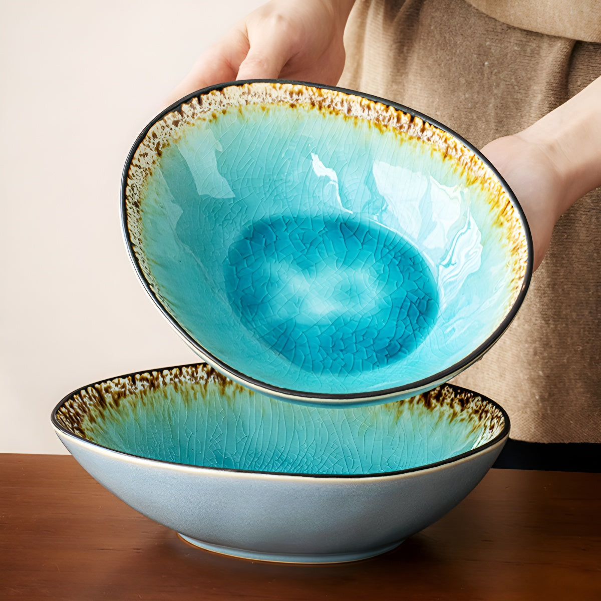 8 Inch Sea-Blue Crackle Glaze Water-Drop Ceramic Bowl