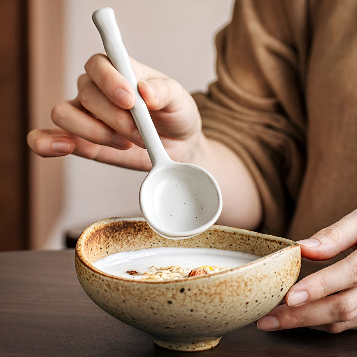 Rustic Sesame White Ceramic Long-Handle Spoon