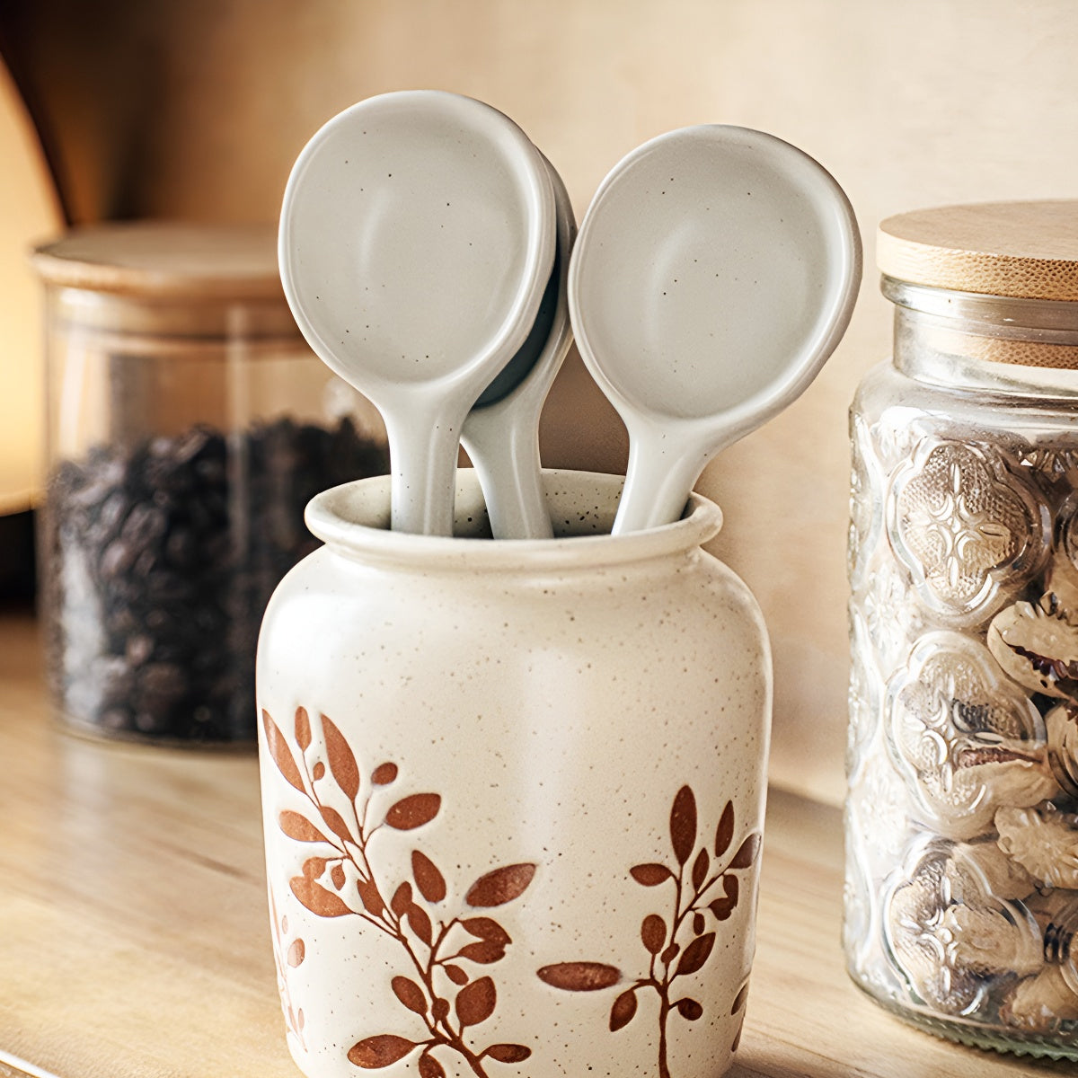 Rustic Sesame White Ceramic Long-Handle Spoon