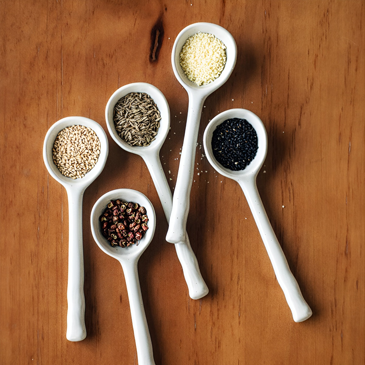 Rustic Sesame White Ceramic Long-Handle Spoon