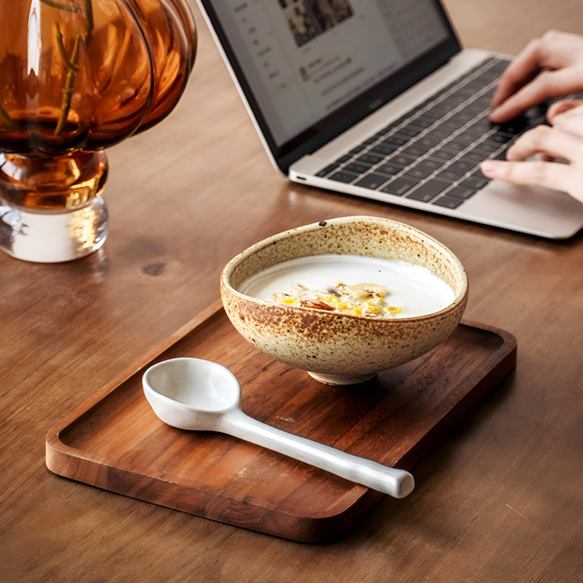 Rustic Sesame White Ceramic Long-Handle Spoon