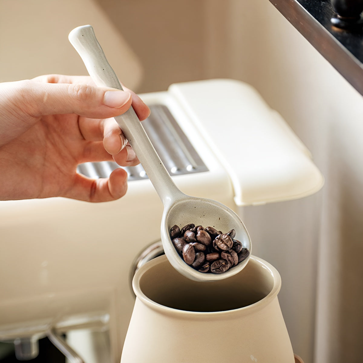 Rustic Sesame White Ceramic Long-Handle Spoon