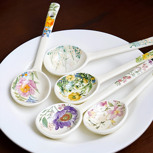 Garden-Inspired Floral Ceramic Long Handle Spoon