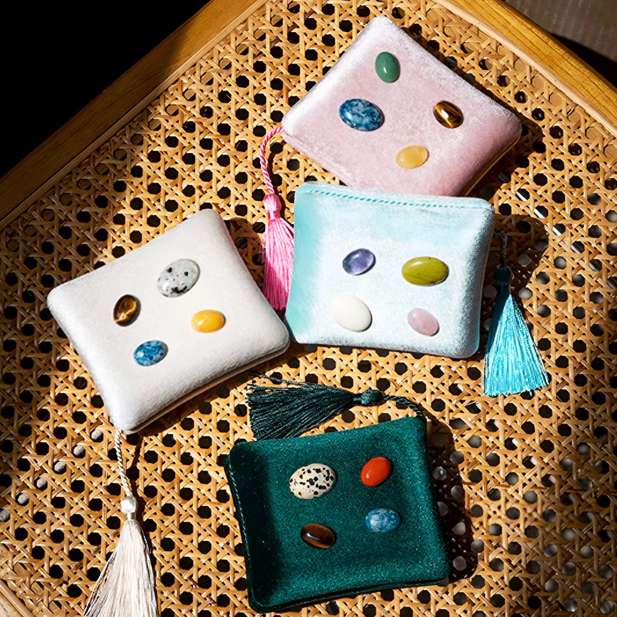 Natural Stone Decoration Velvet Travel Jewelry Case