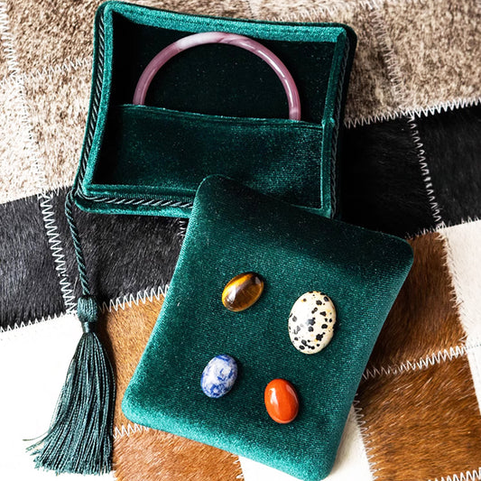 Natural Stone Decoration Velvet Travel Jewelry Case