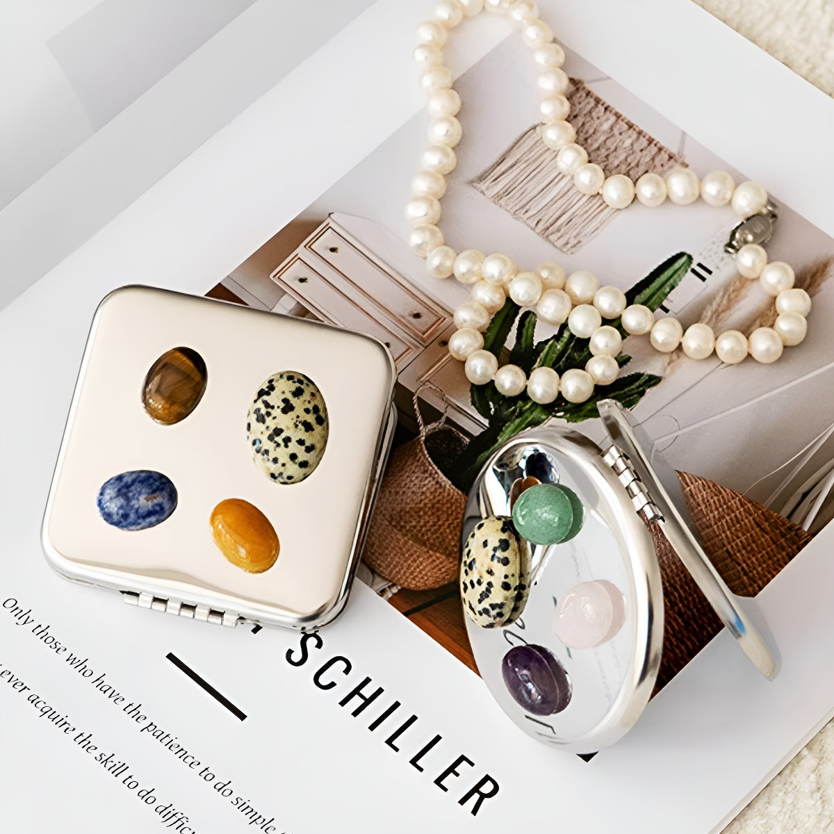 Stainless Steel Compact Mirror with Natural Stone