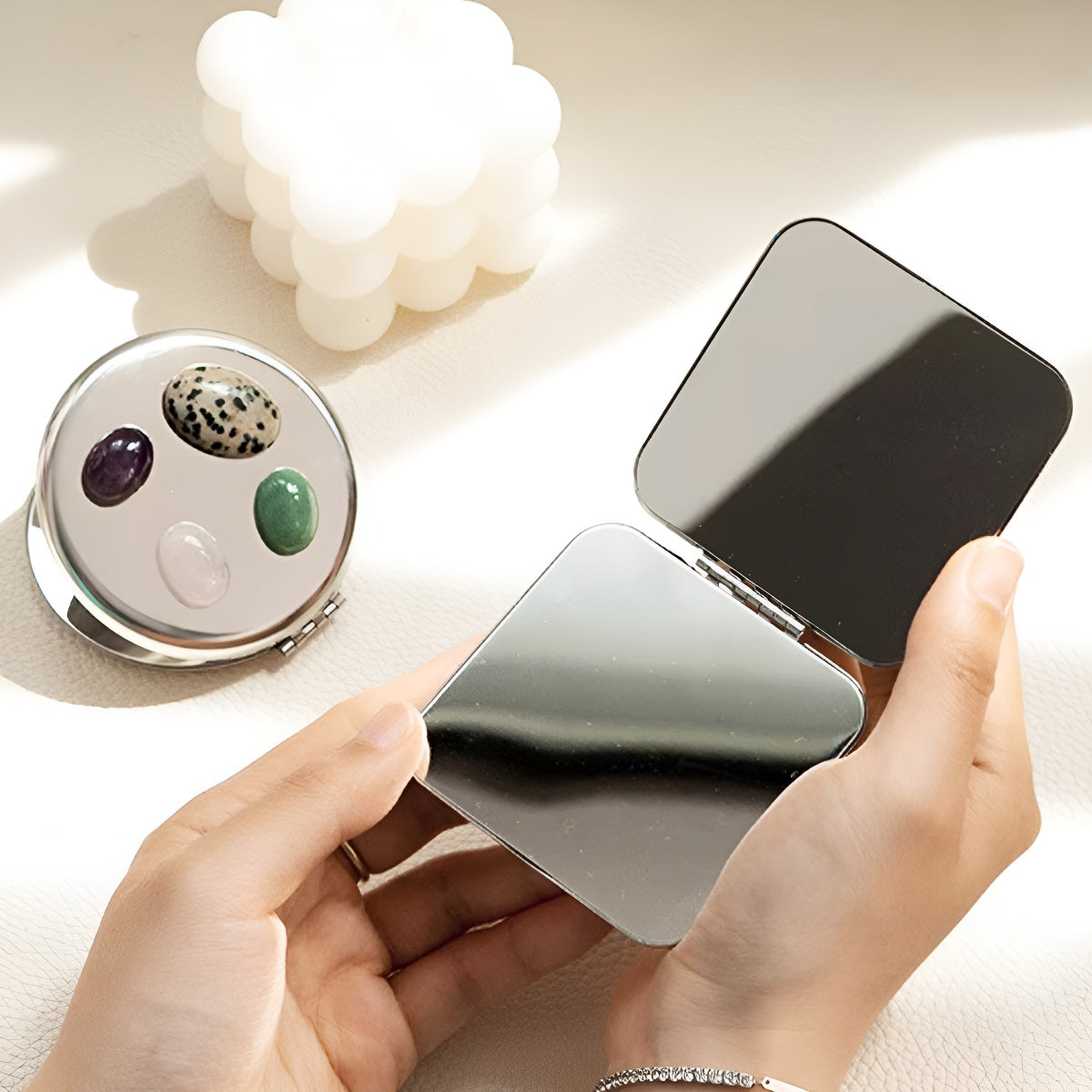 Stainless Steel Compact Mirror with Natural Stone