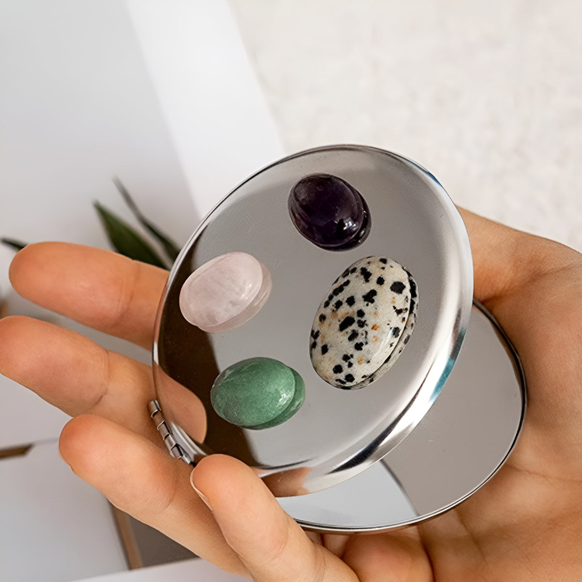 Stainless Steel Compact Mirror with Natural Stone