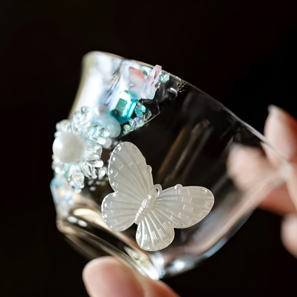 Butterfly Pearl Relief Glass Tea Cup