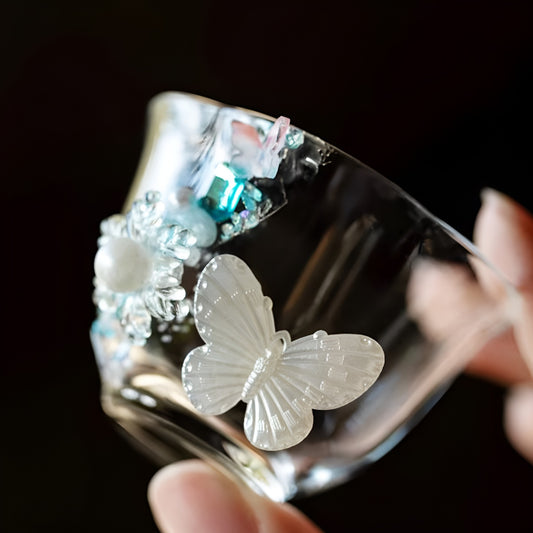 Butterfly Pearl Relief Glass Tea Cup