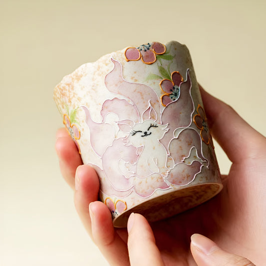 Hand-Painted Cat Floral Rim Ceramic Tumbler