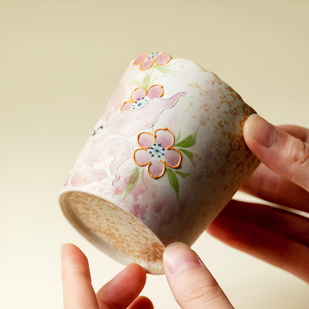Hand-Painted Cat Floral Rim Ceramic Tumbler