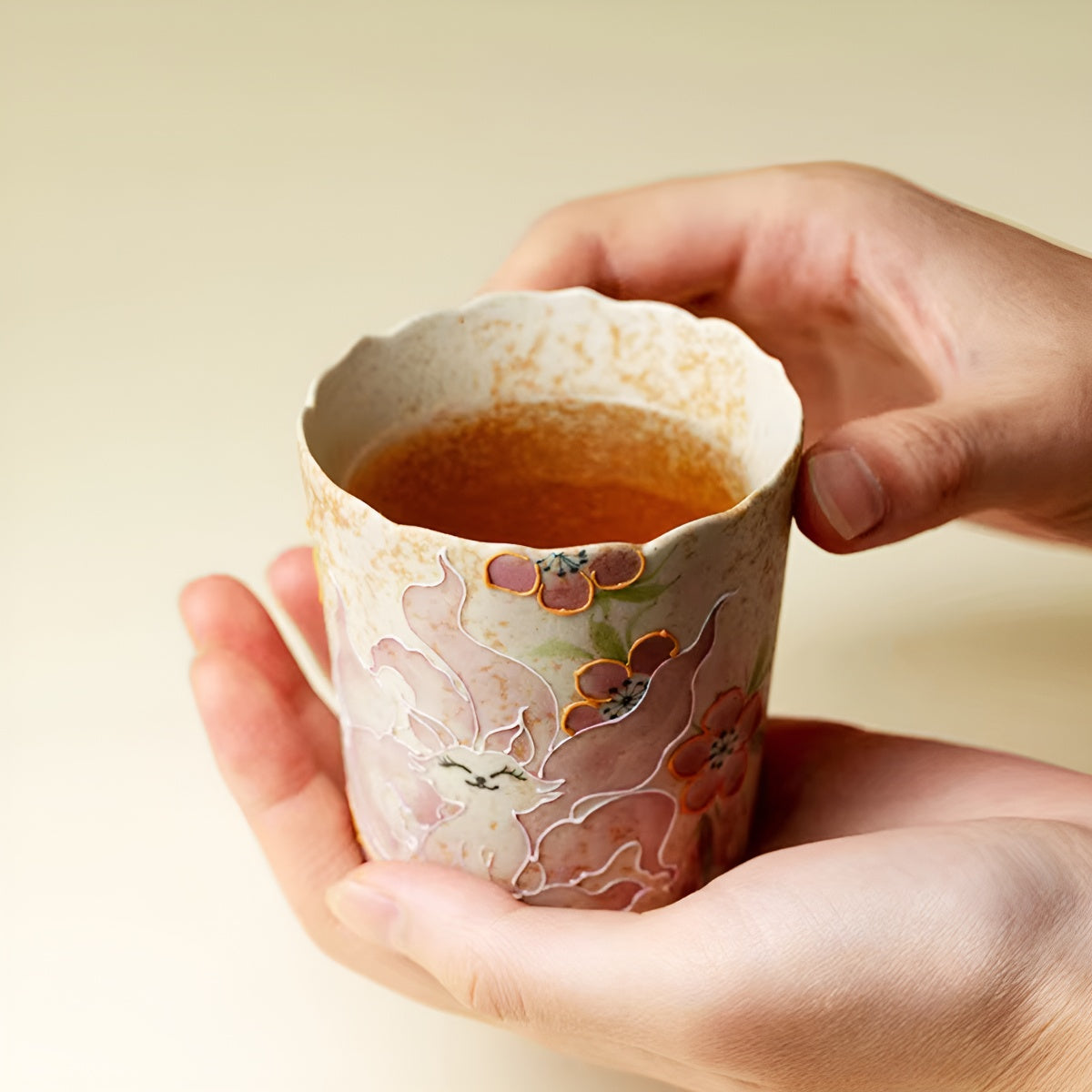 Hand-Painted Cat Floral Rim Ceramic Tumbler