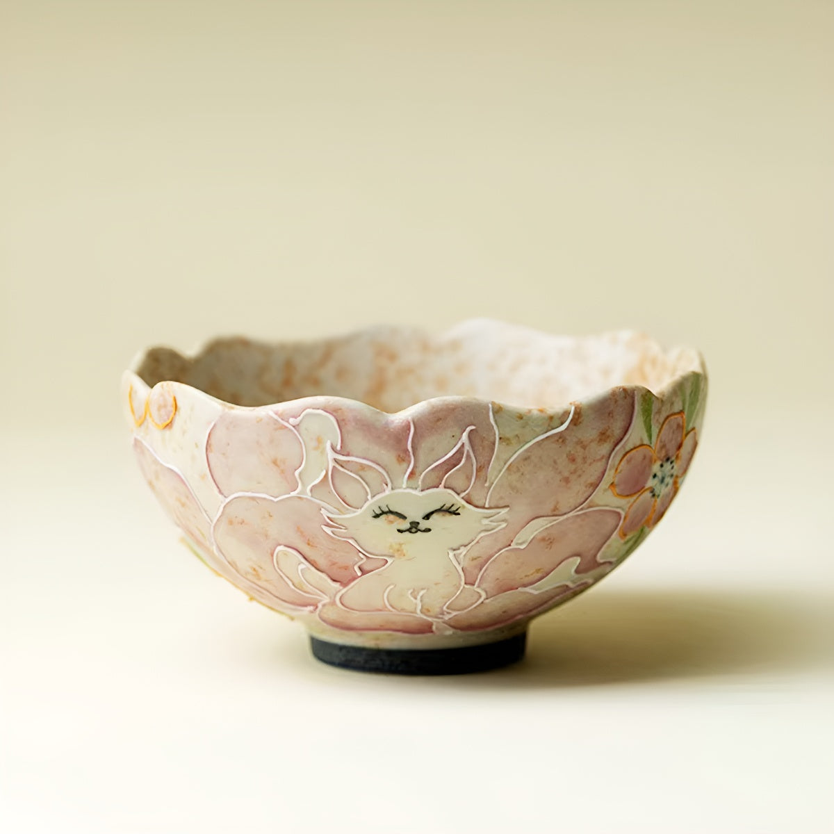 Hand-Painted Cat Petal-Shaped Floral Rim Tea Cup