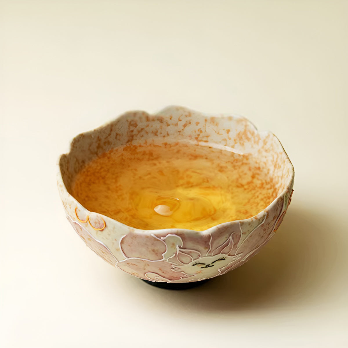 Hand-Painted Cat Petal-Shaped Floral Rim Tea Cup