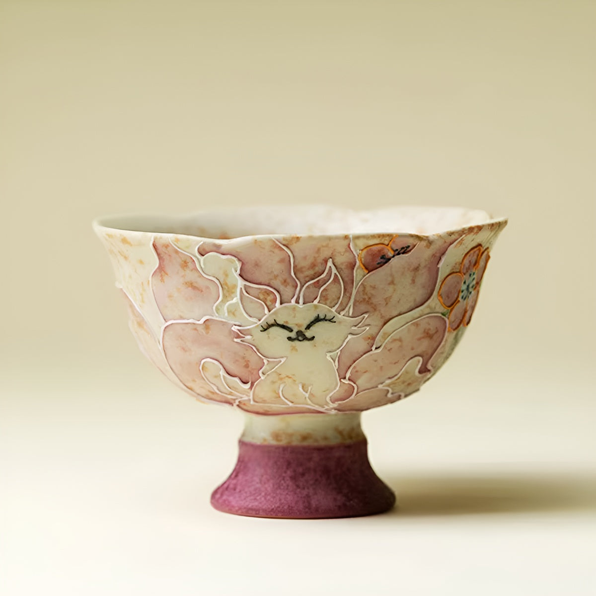 Hand-Painted Cat Floral Rim Ceramic High-Foot Tea Cup