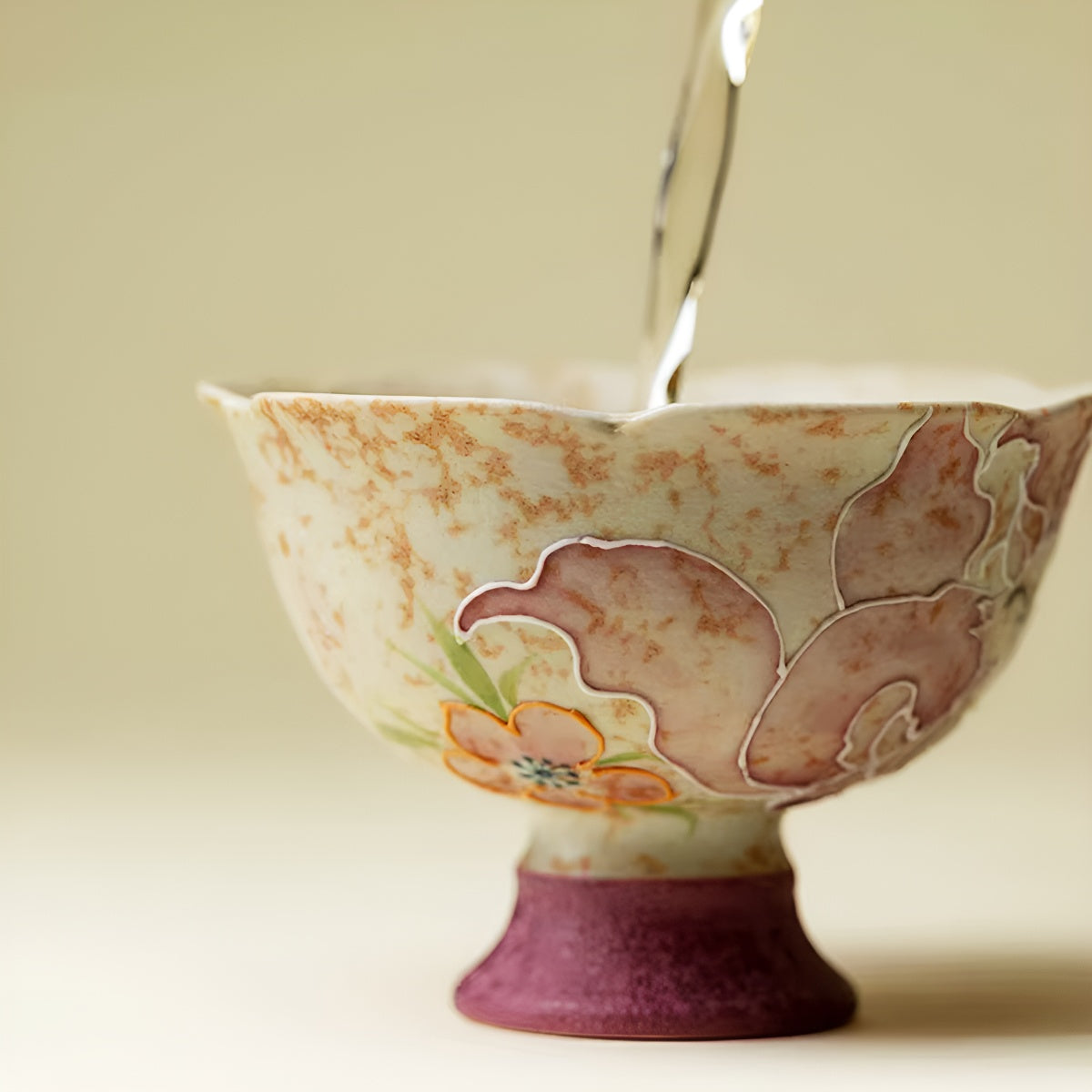 Hand-Painted Cat Floral Rim Ceramic High-Foot Tea Cup