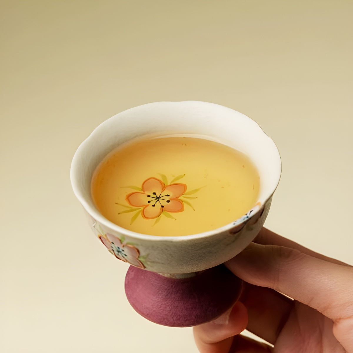 Hand-Painted Cat Floral Rim Ceramic High-Foot Tea Cup