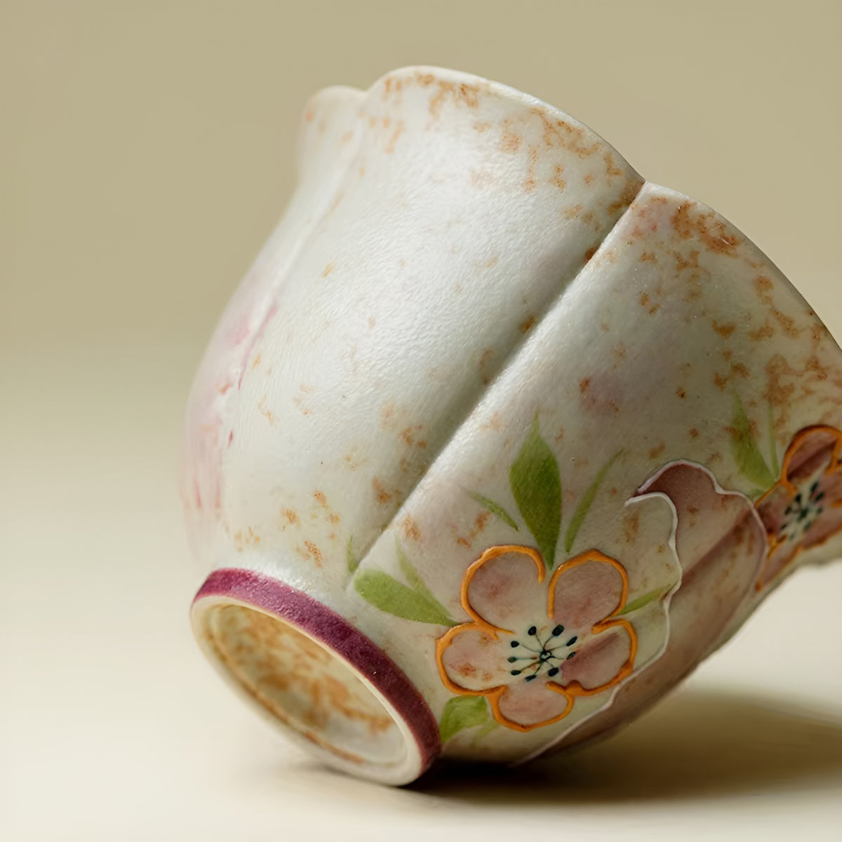 Hand-Painted Cat Lotus Rim Ceramic Tea Cup
