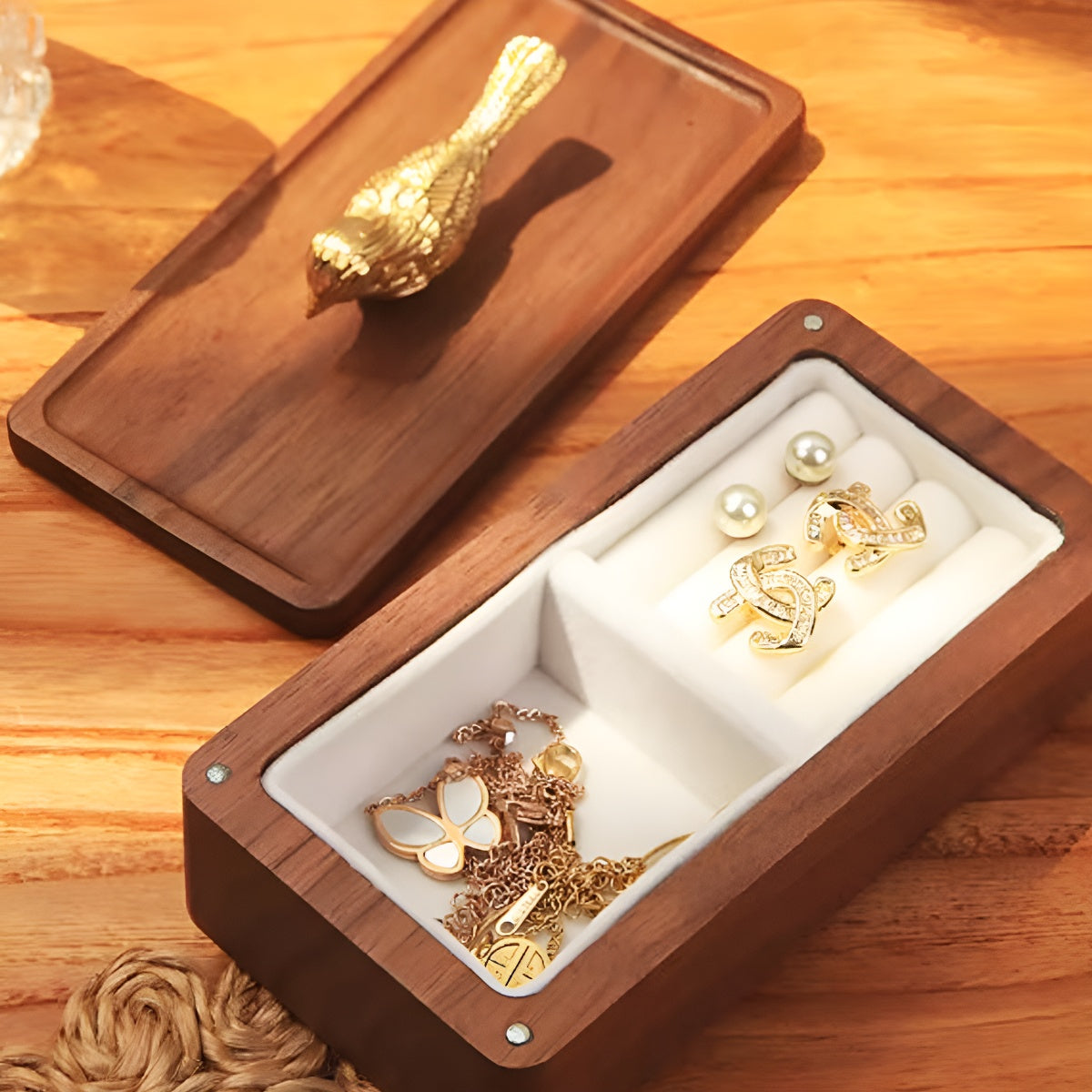 Dark Walnut Wood Velvet Jewelry Storage Box