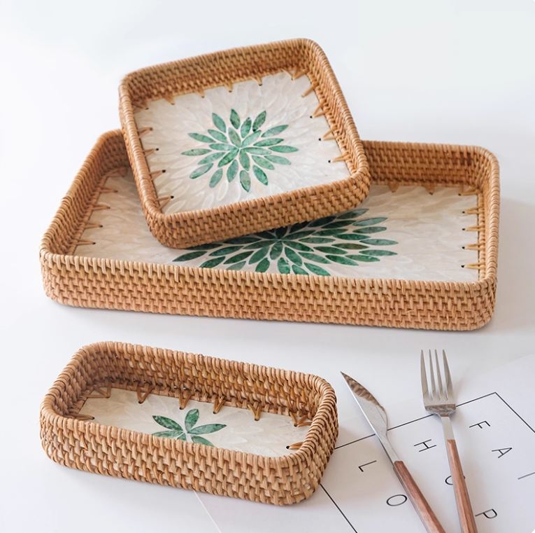 Handmade Rattan & Shell Inlay Trays Set of 3