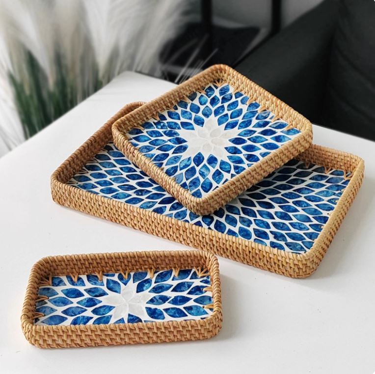 Handmade Rattan & Shell Inlay Trays Set of 3