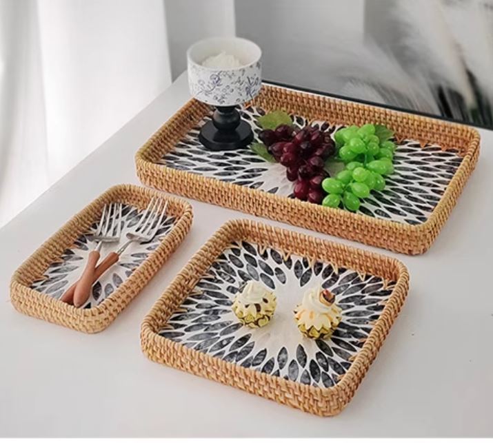 Handmade Rattan & Shell Inlay Trays Set of 3