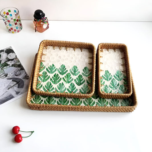 Handmade Rattan & Shell Inlay Trays Set of 3