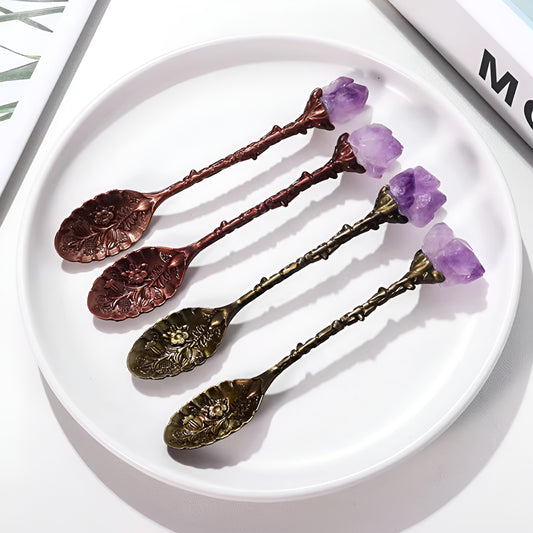 4pcs Vintage Natural Amethyst Crystal Metal Stirring Spoon Set