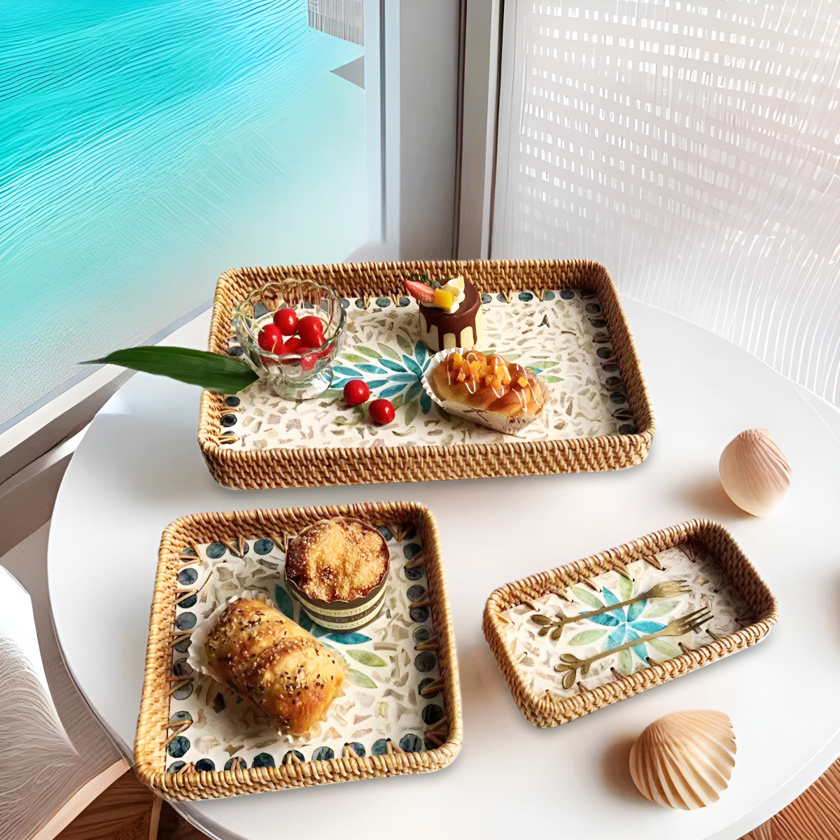 Handmade Rattan & Shell Inlay Trays Set of 3