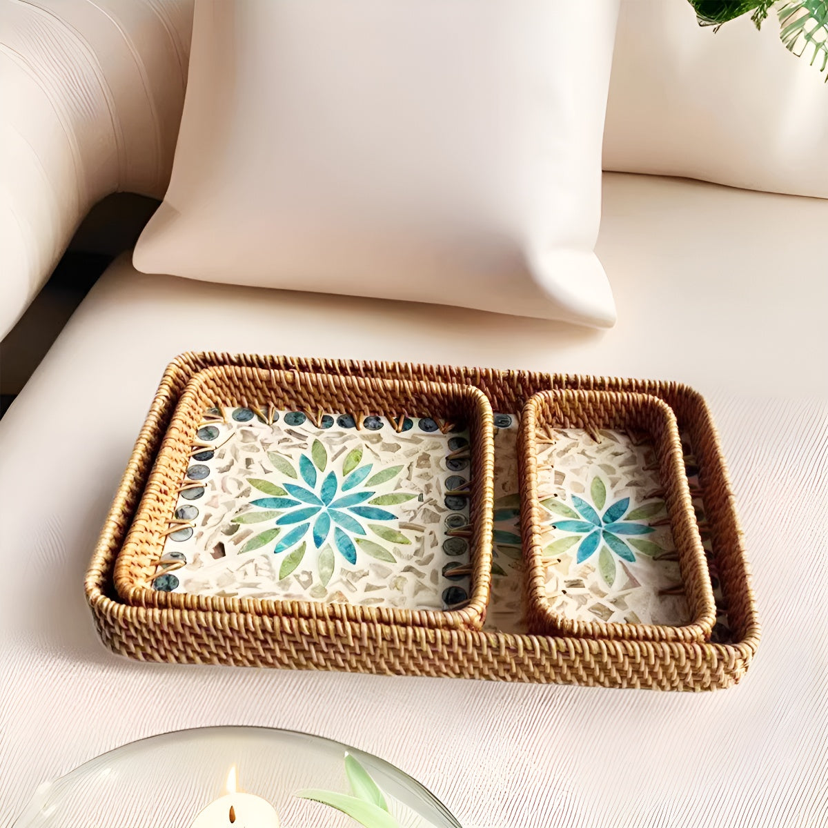 Handmade Rattan & Shell Inlay Trays Set of 3