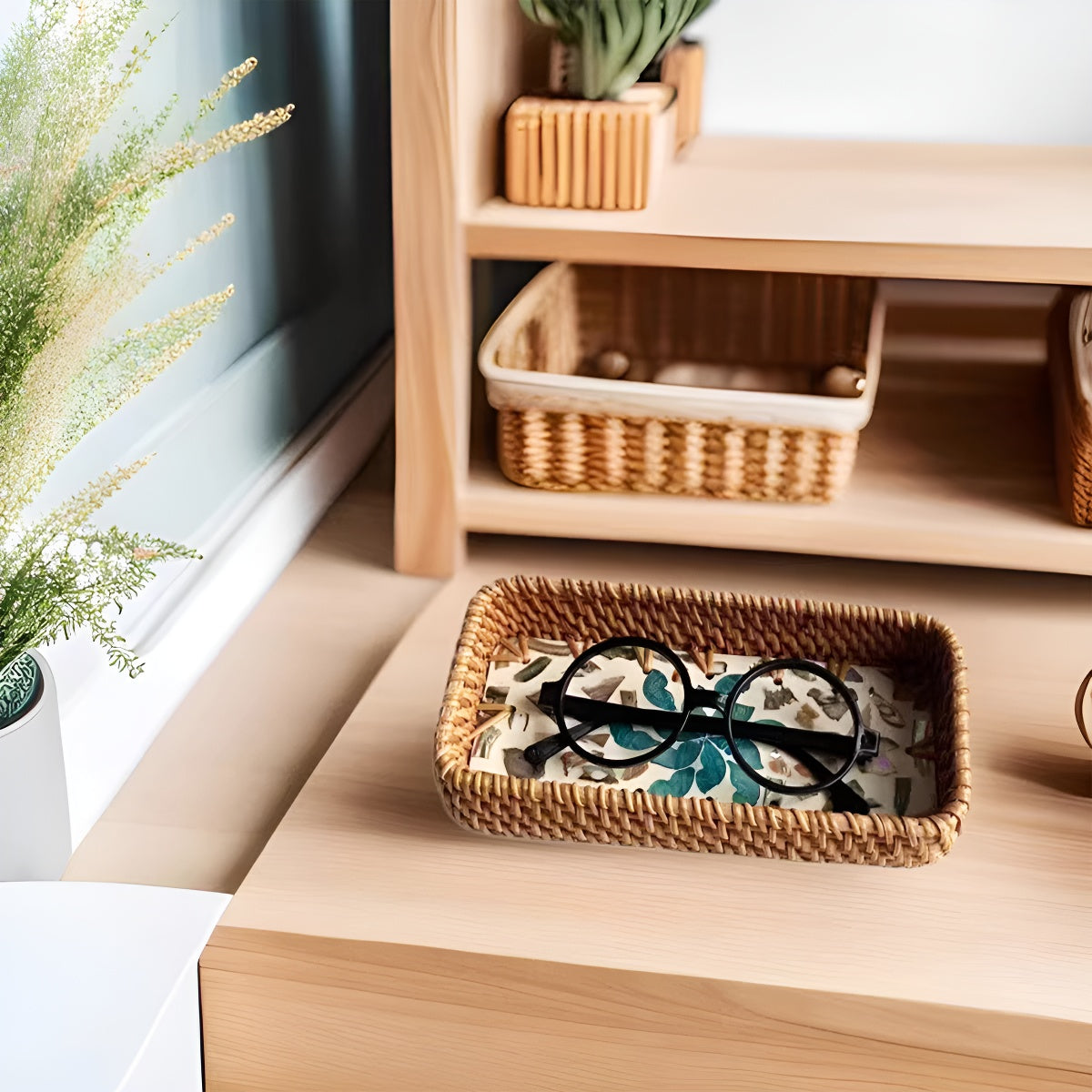Handmade Rattan & Shell Inlay Trays Set of 3