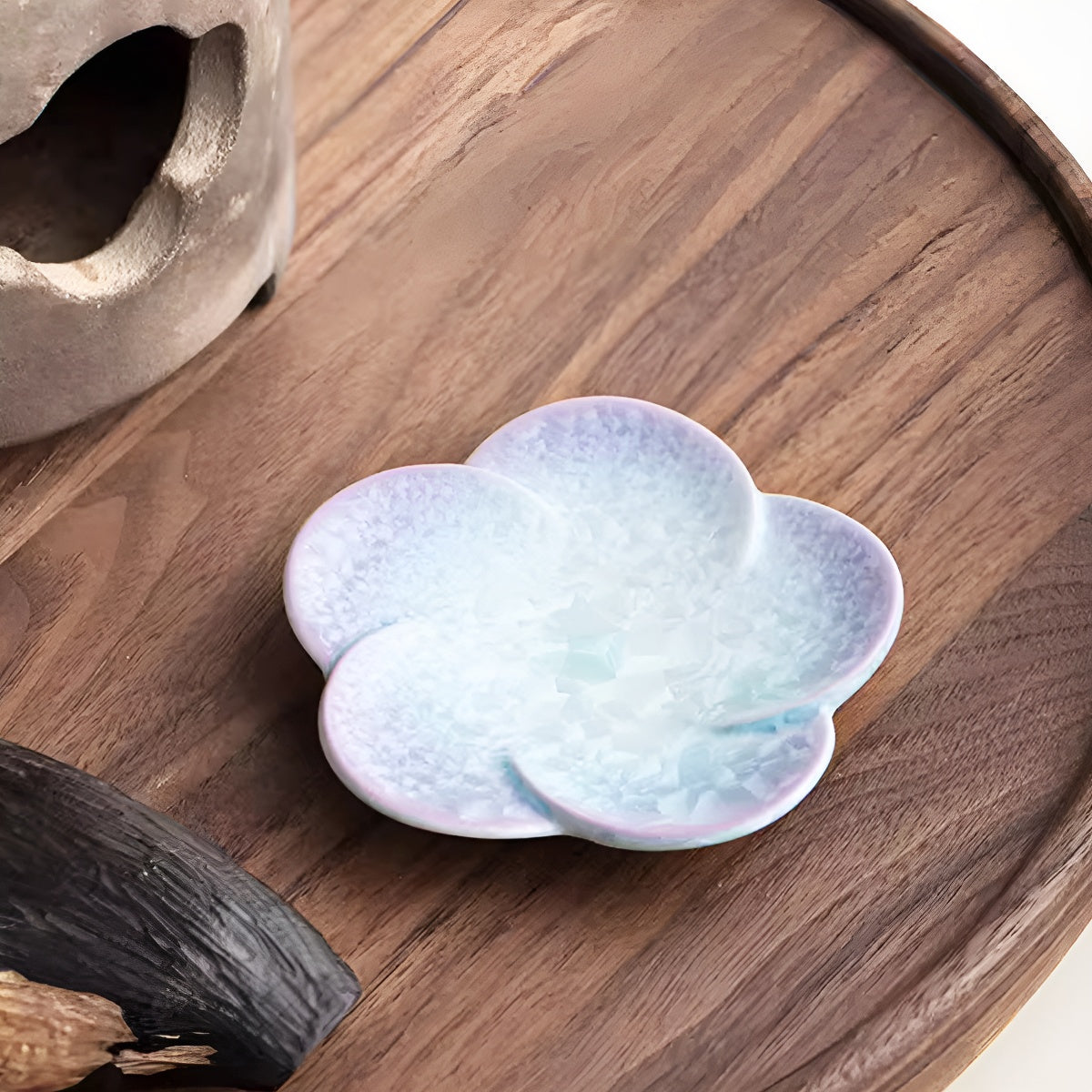 Purple–Aqua Crystal Glaze Ceramic Petal Shaped Cup Saucer Coaster