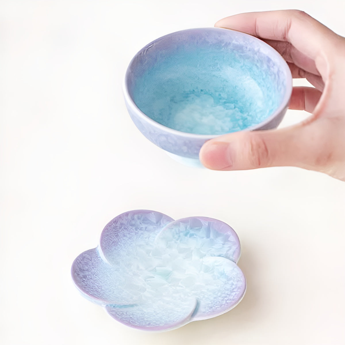Purple–Aqua Crystal Glaze Ceramic Petal Shaped Cup Saucer Coaster