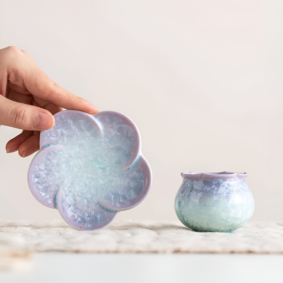 Purple–Aqua Crystal Glaze Ceramic Petal Shaped Cup Saucer Coaster