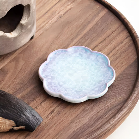 Purple–Aqua Crystal Glaze Ceramic Scalloped Cup Saucer Coaster
