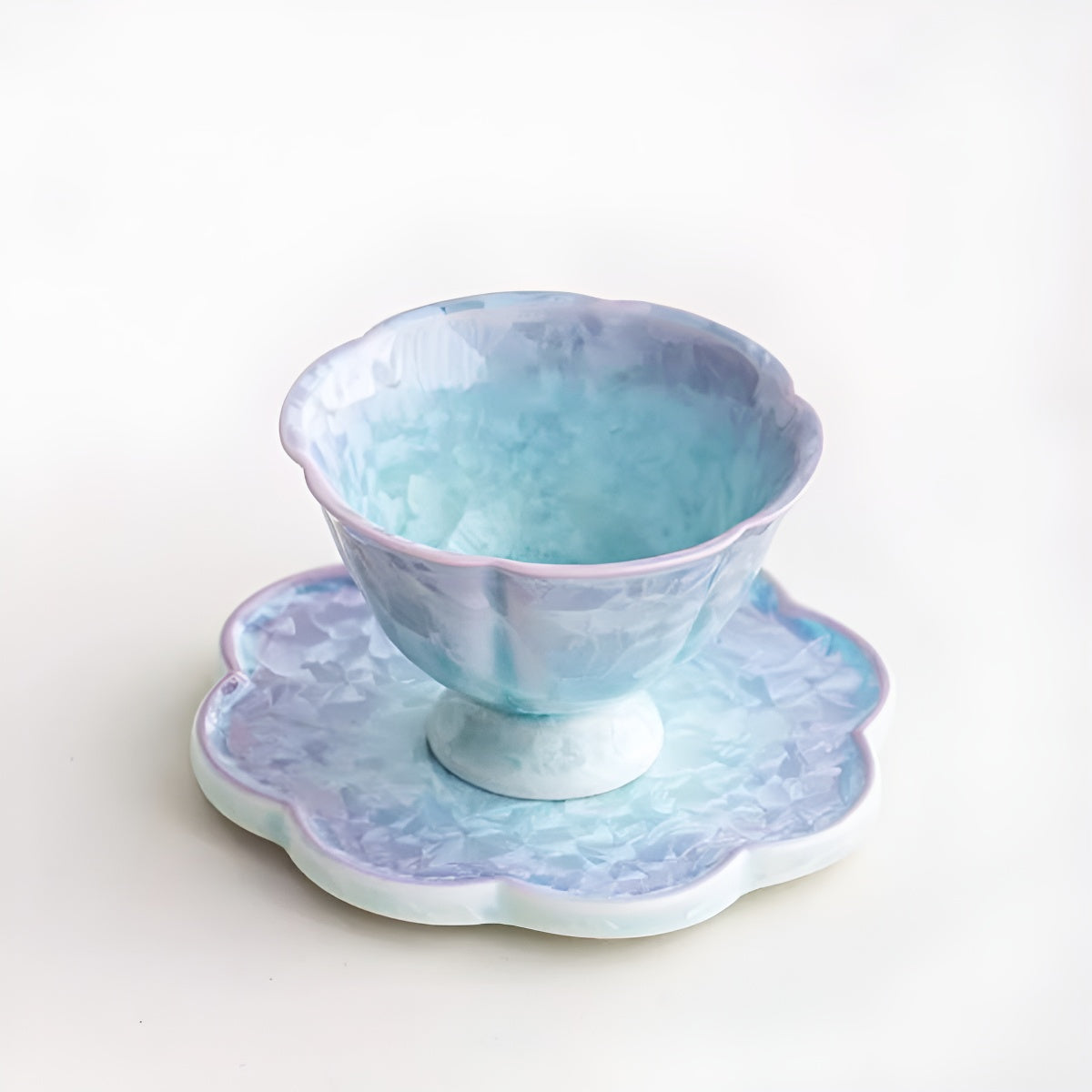 Purple–Aqua Crystal Glaze Ceramic Scalloped Cup Saucer Coaster
