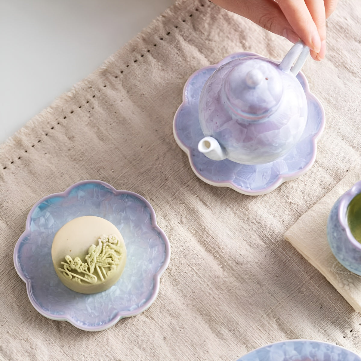 Purple–Aqua Crystal Glaze Ceramic Scalloped Cup Saucer Coaster