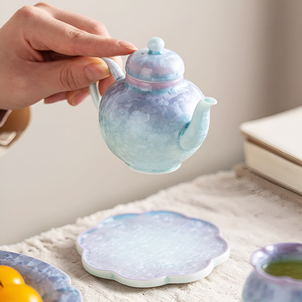 Purple–Aqua Crystal Glaze Ceramic Scalloped Cup Saucer Coaster