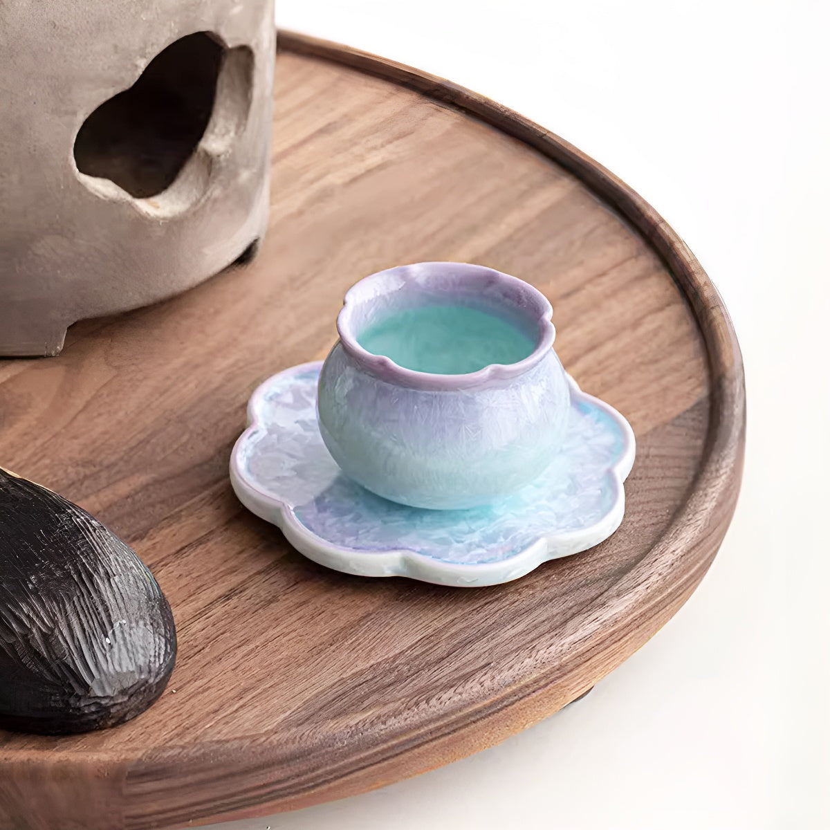 Purple & Aqua Crystal Glaze Lucky Pouch Cup + Scalloped Ceramic Coaster Set