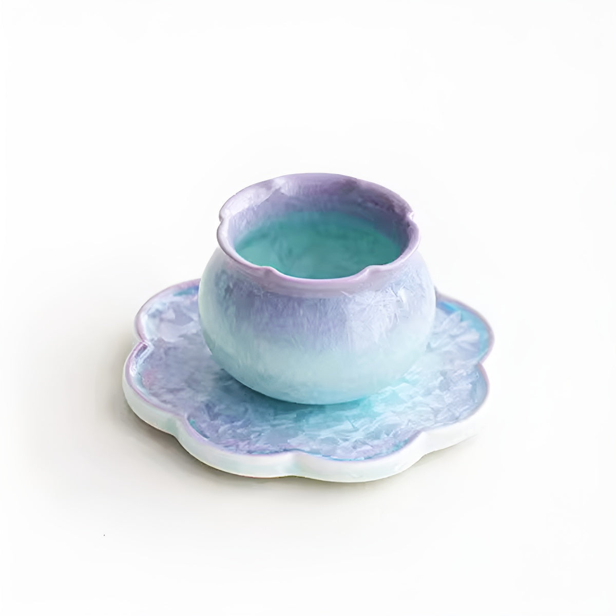 Purple & Aqua Crystal Glaze Lucky Pouch Cup + Scalloped Ceramic Coaster Set