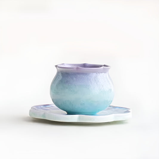 Purple & Aqua Crystal Glaze Lucky Pouch Cup + Scalloped Ceramic Coaster Set
