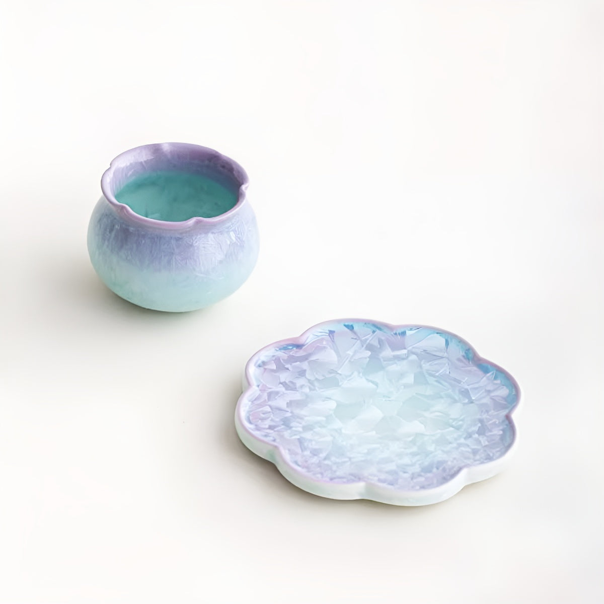 Purple & Aqua Crystal Glaze Lucky Pouch Cup + Scalloped Ceramic Coaster Set