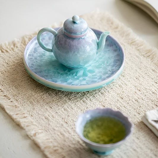 Purple & Aqua Crystal Glaze Ceramic Round Teapot Tray
