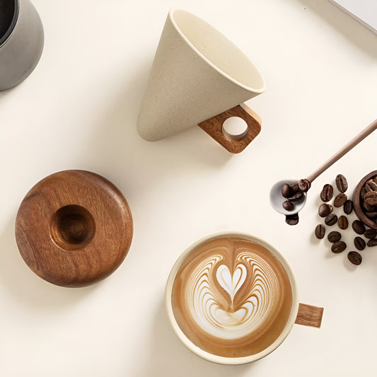 Sesame Glaze Ceramic Cone Coffee Cup with Wooden Base
