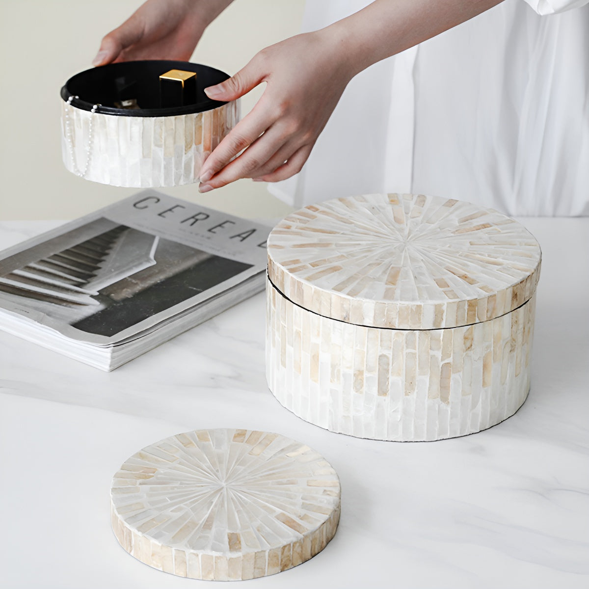 Iridescent White Shell Mosaic Storage Box