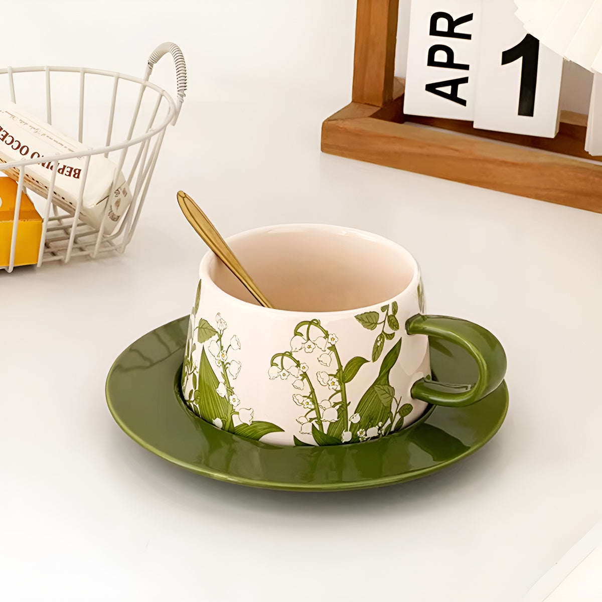 Green Lily-of-the-Valley Ceramic Coffee Cup & Saucer Set