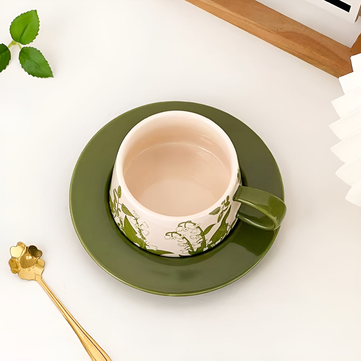 Green Lily-of-the-Valley Ceramic Coffee Cup & Saucer Set
