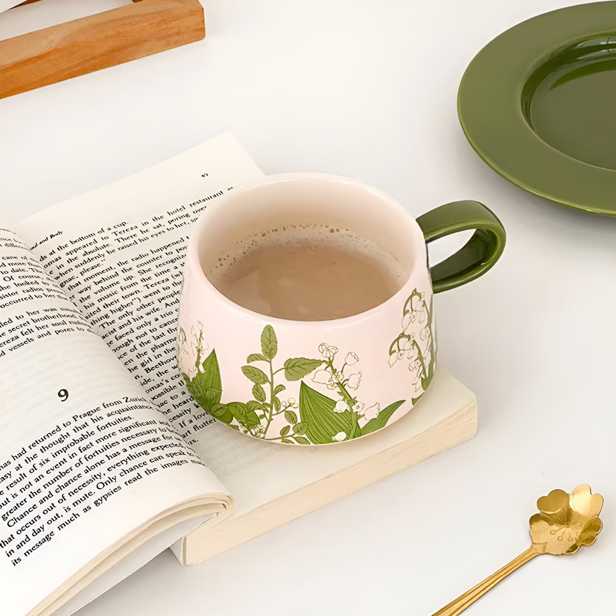 Green Lily-of-the-Valley Ceramic Coffee Cup & Saucer Set