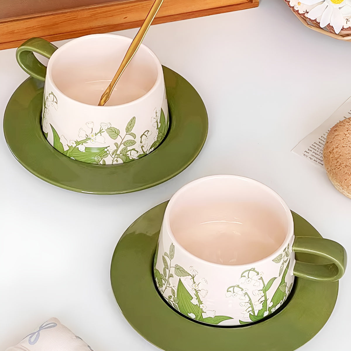 Green Lily-of-the-Valley Ceramic Coffee Cup & Saucer Set